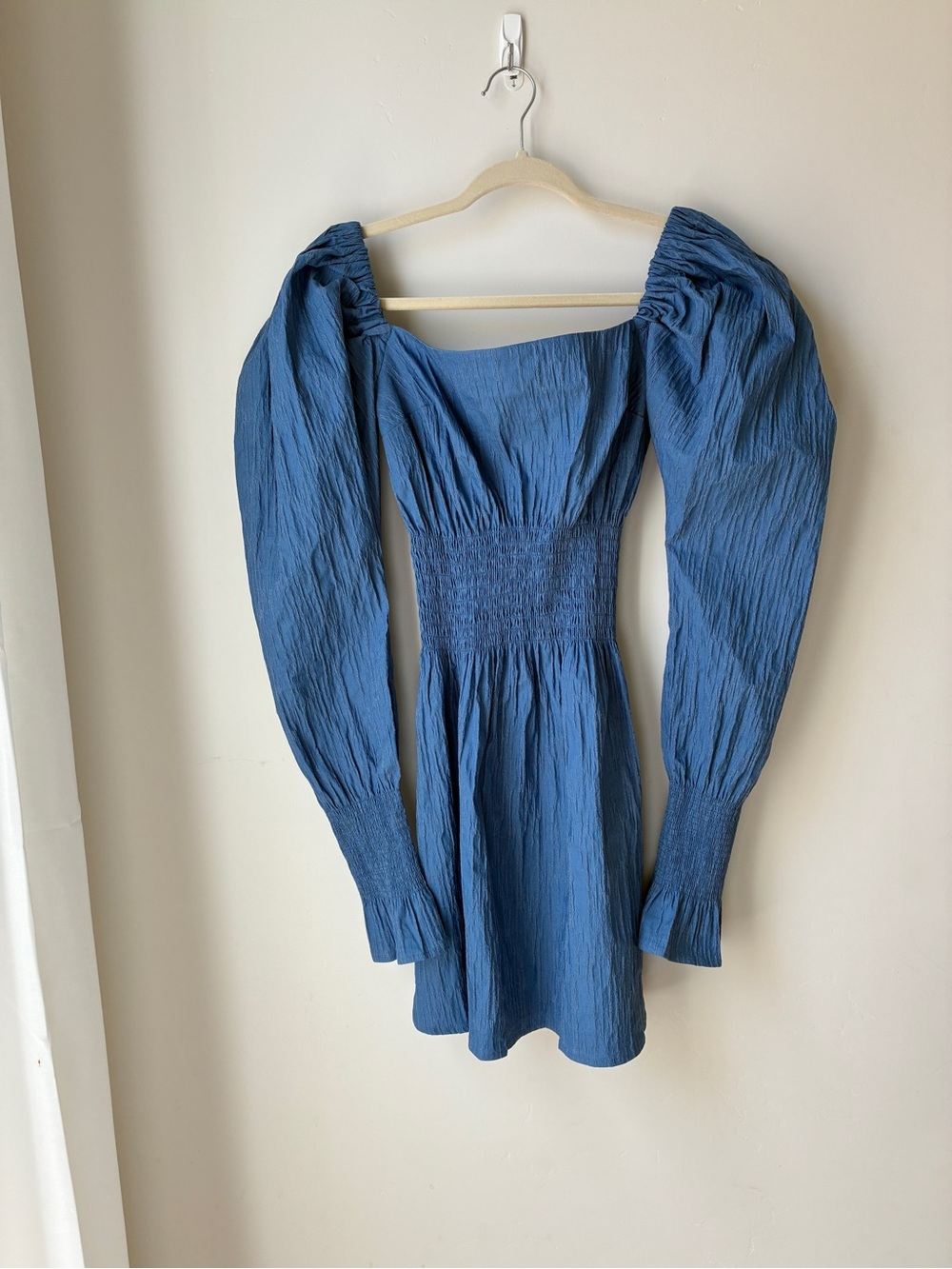Anna Quan Indigo Blue Puff-Sleeve Smocked Mini Dress